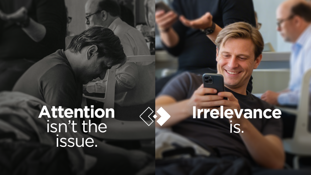 2 guys split screen, 1 interested and 1 not, suggesting how it's important that something needs to be relevant in order for people to pay attention