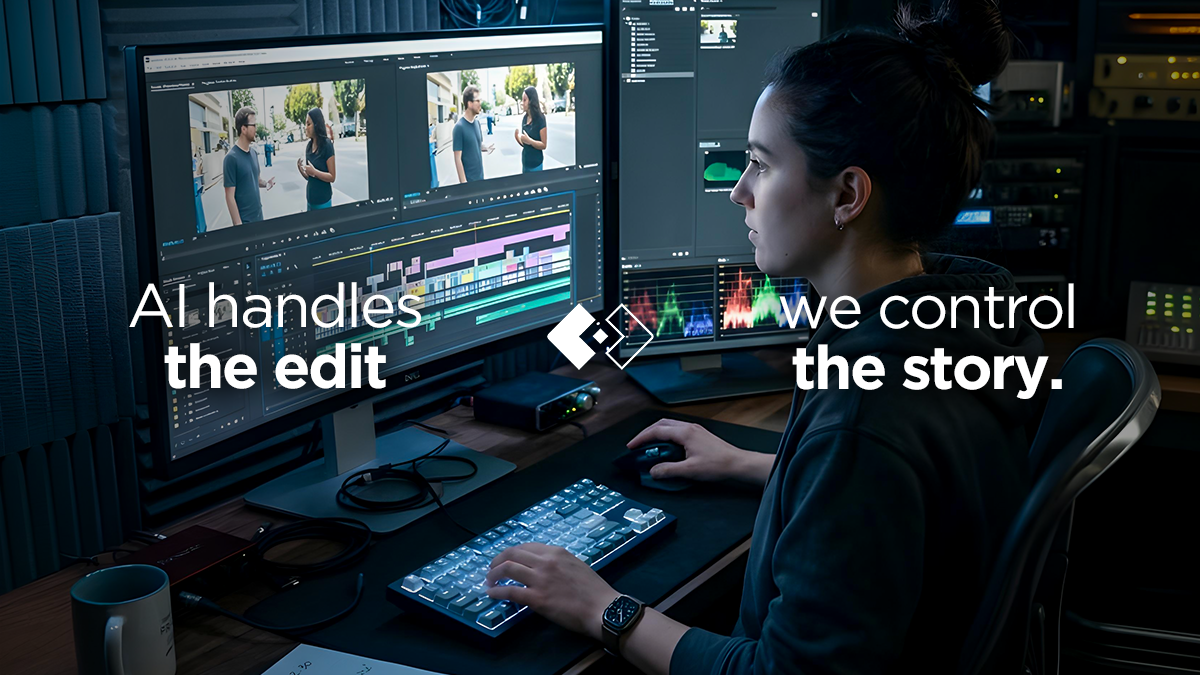 A girl doing editing in post production studio, with AI