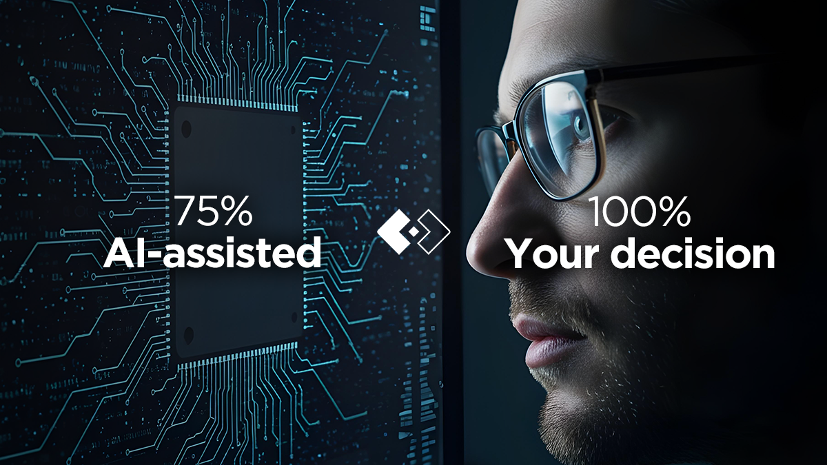 Guy looking at an AI generated background, and text over the center of the image: "75% AI Assisted" and on the other side "100% your decision"
