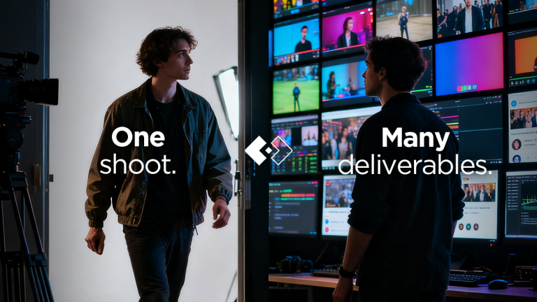 A guy looking at multiple screens all with different types of content. Across the image is a text on one side: "One Shot" and on the other: "Many deliverables"